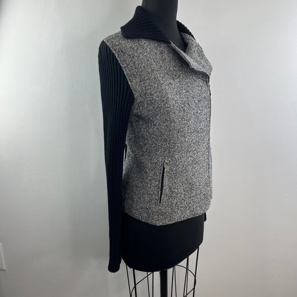 Luisa Spagnoli Gray Black Moto Jacket Tweed Knit Collared Asymmetric Zip Size 46 - Picture 4 of 9
